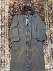 Vtg Barbour Burghley Coat Classic Waxed Cotton Long Ranch Coat Green Mens C36 - Picture 1 of 24