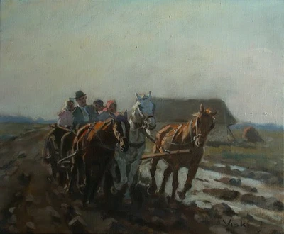 JANOS VISKI (Szokolya 1891-1987 Budapest) Pferdegespann am Landweg. - Bild 1 von 4