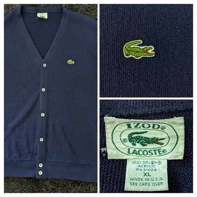 Vtg Men's Izod Lacoste 70s Navy Cardigan Sweater Alligator Logo XL Grandpa USA - Image 1 of 4