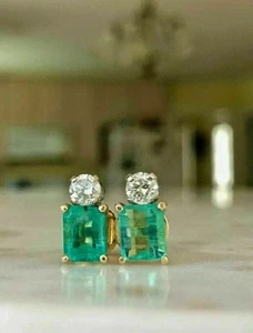 3.50Ct Emerald Lab Created Emerald &Diamond Stud Earrings 14k Yellow Gold Over - Picture 1 of 4