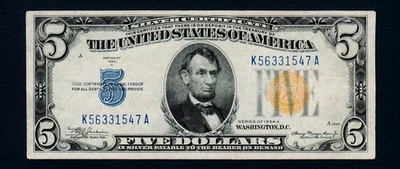 $5 1934 -A North Africa Silver Certificate WWII Emergency Issue(B207) - Image 1 of 2