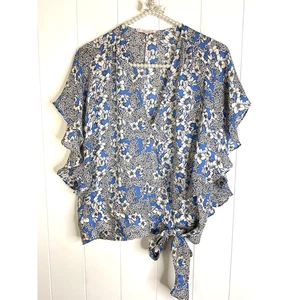 Parker Kory Blue Floral Waterfall Flutter Sleeve Wrap Blouse 100% Silk Size Med - Picture 1 of 9
