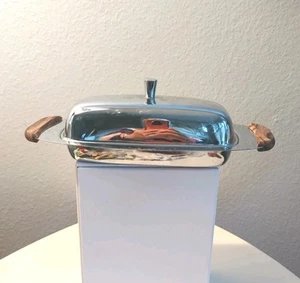 Vintage MCM chrome and teak butter dish has glass insert inside Atomic Retro - Picture 1 of 12