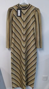 Selected Femme Celine Midi Dress Gold Lurex Striped New With Tags - M - Picture 1 of 5