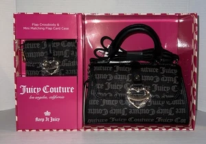 Juicy Couture Black Taupe Flap Heart Charm Crossbody Bag Matching Card Case Set - Picture 1 of 4