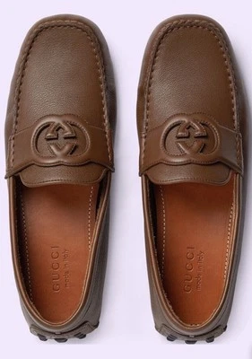 GUCCI Interlocking G Hombre Cuero Drivers Mocasines Mocasines Marrón UK 12 US 12.5 Foto 1 de 4