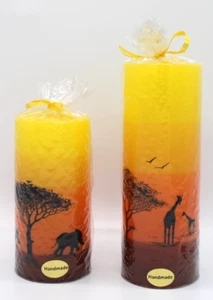 Set of 2 Pillar Candles with African Safari Sunset Designs Uno Alla Volta 6", 8" - Picture 1 of 16