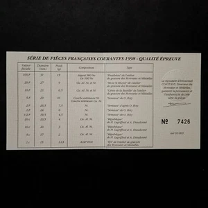 CERTIFICAT D'AUTHENTICITE COFFRET BE BELLE EPREUVE SERIE FRANCS 1998 / FRANCE - Picture 1 of 2