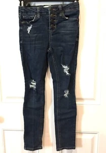 SO Kids Girls Skinny Jeans Size 8 Blue Ripped Distressed Dark Wash Button Fly - Picture 1 of 9