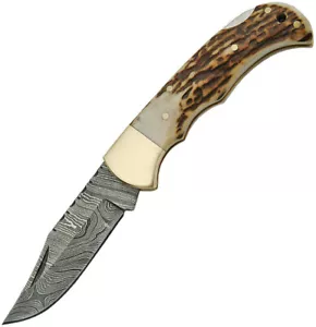Damascus Lockback Pocket Knife Brown Stag Bone Folding Clip Point Blade 1161 - Picture 1 of 1