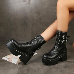Gothic Rivet Womens Chunky Heels Zip Lace Up Platform Buckle Biker Ankle Boots