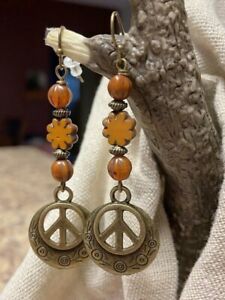 Burnt Orange & Bronze Peace Sign Dangle Drop Earrings 2-3/8" Hippie Chic. Flower