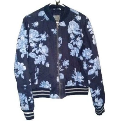 GAP 女式蓝色花卉轻便绗缝轰炸机夹克 L Cottagecore Preppy — 第 1/4 张图片