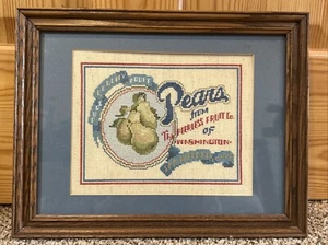 Vtg Completed Framed Cross Stitch Primitive Crate Label Pears Peerless Fruit Co - Picture 1 of 7