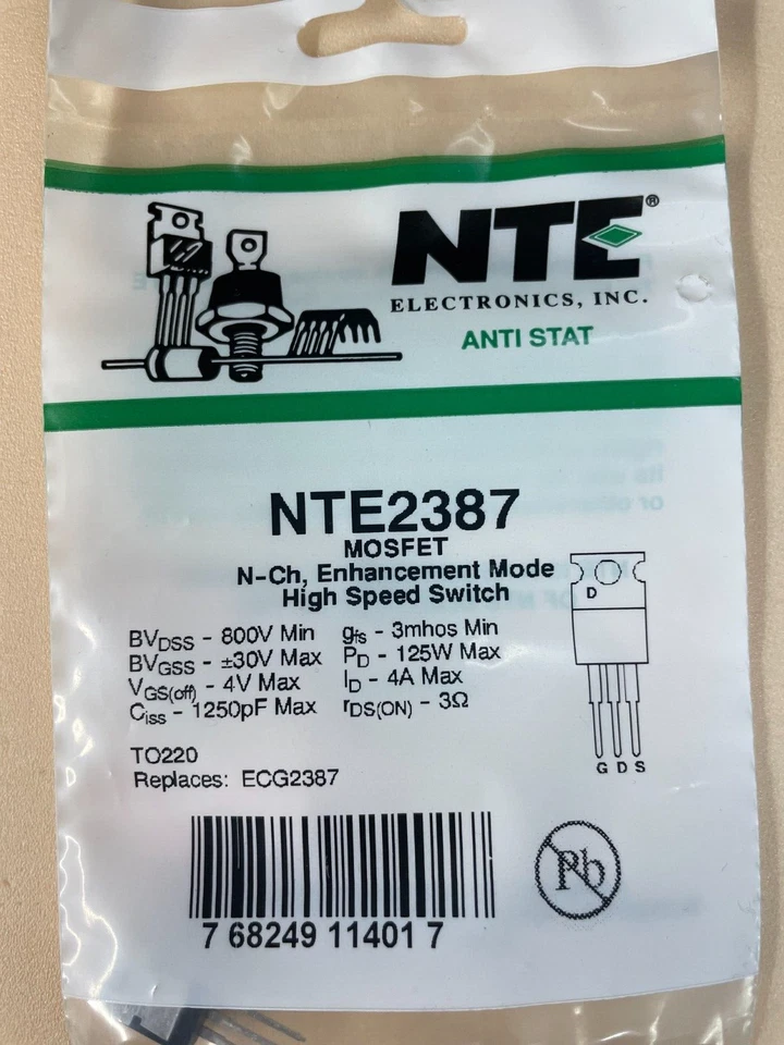 NTE Electronics NTE2387 POWER MOSFET CANAL N 800V ID=4A A 220 ESTUCHE ALTA VELOCIDAD Foto 1 de 1