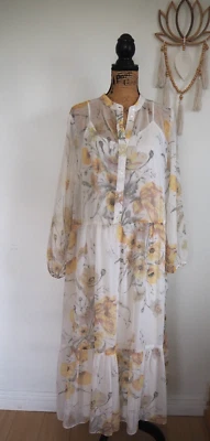 Yellow Floral | Beige Chiffon Loose Fit Long Sleeve Lined Maxi Dress Size 10 NWT - Image 1 of 4