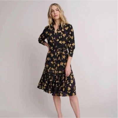 UNTUCKit Janice Floral Print Pleated Shirt Dress Midi Long Sleeve Black Sz 14 - Image 1 of 4