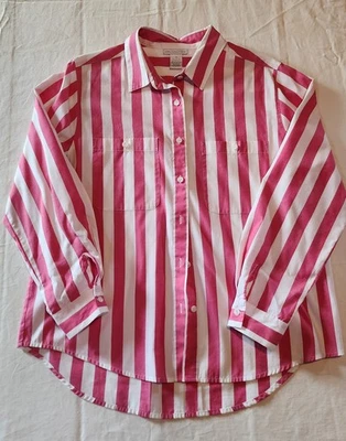 Vtg Womens Pink And White Striped Shirt Button-up Long Sleeve Sz 12 Large - Image 1 of 4