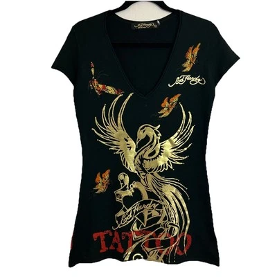 Ed Hardy Christian Audigier Black Gold Rising Phoenix T-Shirt Tunic Cover Up L - image 1 of 4