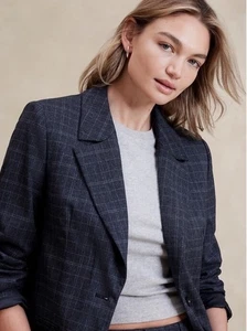 Neu mit Etikett Banana Republic karierter Boyfriend-Damenblazer marineblau Größe 18 - Bild 1 von 8