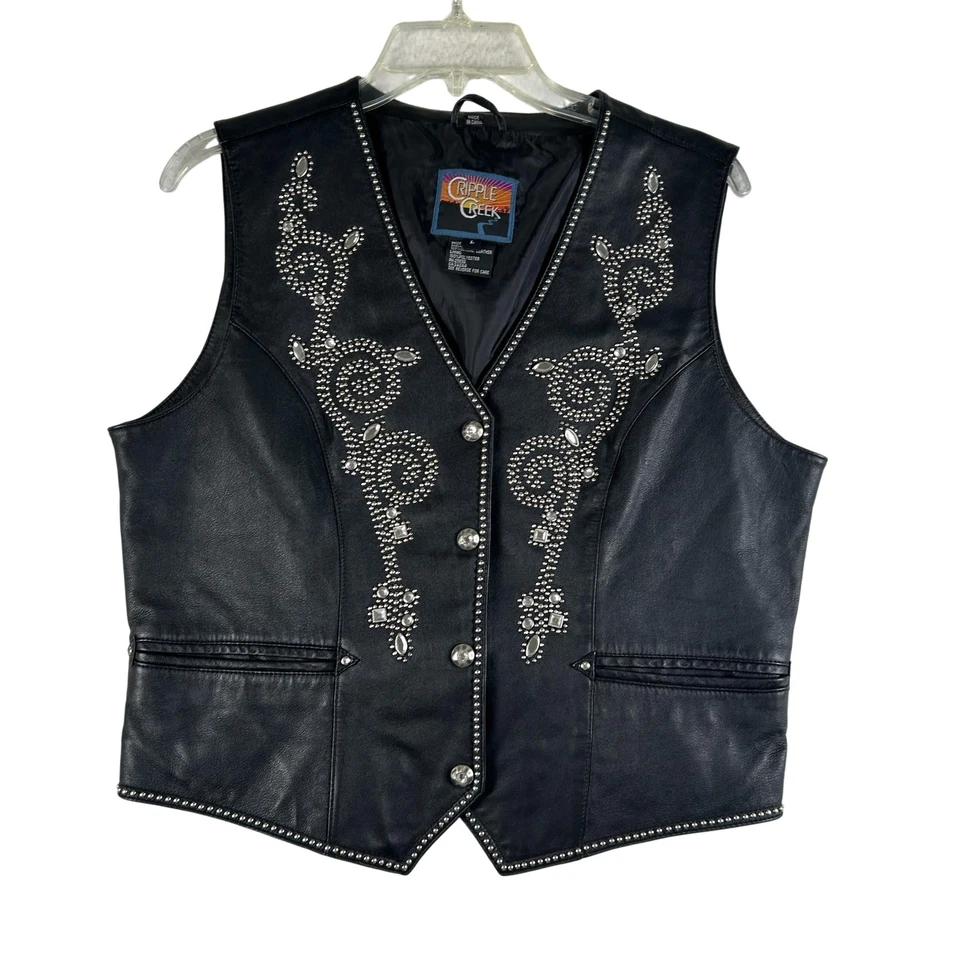 Cripple Creek Vest Womens Large Black Leather Western Studded Rhinestone Biker - Image 1 of 4