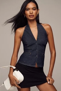 Reformation Tate Halter Botón Chaleco Blusa Top Denim Medio Azul Lavado Talla 6 Nuevo con Etiquetas - Imagen 1 de 16