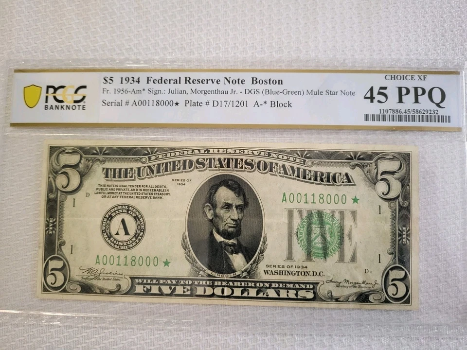  1934 $5 Federal Reserve BostonSTAR $5 Low# *A00118000 *choice PPQ45 PCGS  - Image 1 of 4