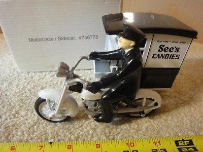 Ertl type, See's Candies diecast model motorcycle sidecar delivery bike. 1/16? - Image 1 of 4