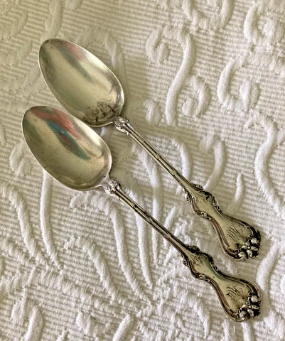 Antique Sterling WHITING DUKE of YORK 1900 Table Dessert Spoons Mono Lot of 2 Cover