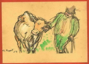 BAUER und KUH - Irmgard KAUPISCH v.REPPERT Signierte OriginalZeichnung 1957 - Picture 1 of 1
