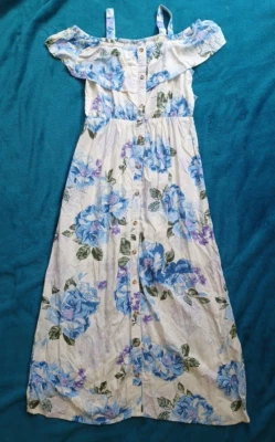 🍁 Girl's 12 Justice Dress New L NWT Blue White Floral Off the Shoulder Long Sun - Image 1 of 4