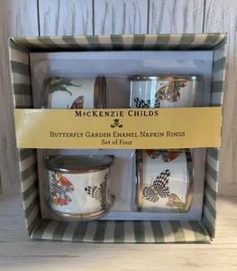 NEW Mackenzie Childs Butterfly Garden Enamel Napkin Rings - Set Of 4 - White HTF - Picture 1 of 4