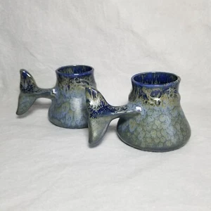 Doug Wylie Art Pottery Mug Set Of 2 With Whale Tail Handle Blue Inside 3.5” Tall - Picture 1 of 12
