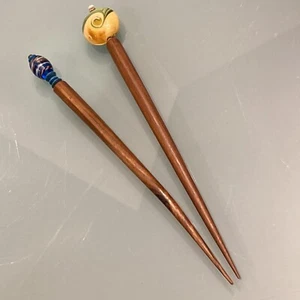 Vintage Kanzashi Set of 2 Wooden Hair Sticks Pins With Beads on Tips - Picture 1 of 7