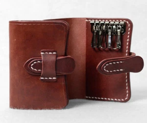 key bag wallet purse ID card holder pocket pouch case Cow Leather brown W554 - Picture 1 of 4