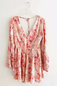 Anthropologie Ark Co Python Romper Size M Pink Bell Sleeve Animal Print Tie Back - Picture 1 of 12