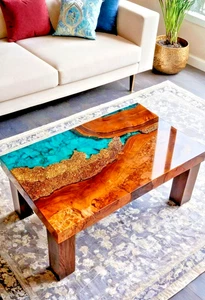 Epoxy Resin Walnut Wood Unique Luxurious Table Top Sofa Coffee Table Top Decor - Picture 1 of 8