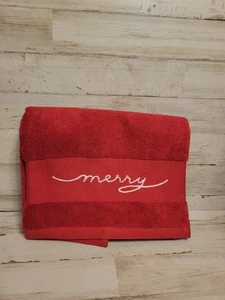 Pottery Barn "Merry" Red Embroidered Organic Hand Towel Christmas - Picture 1 of 2