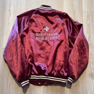 Vintage 80’s North Colorado Medical Center Red Satin Bomber Work Jacket Sz XL - Image 1 of 4