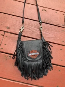 Vintage Harley Davidson Hip Bag Black Leather Fringe Purse Shoulder Strap Biker - Picture 1 of 6