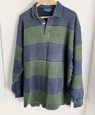 Camisa de Rugby Rockport Vintage XL Azul Marino Verde Rayas Manga Larga Polo Preppy Foto 1 de 4