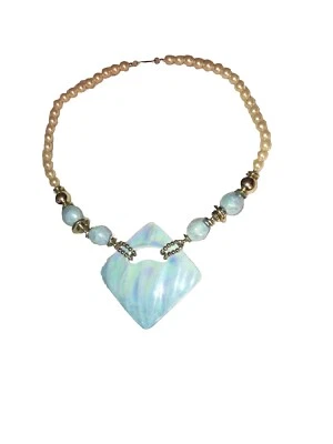 Statement Necklace Iridescent Baby Blue Ceramic Square Pendant & Pearl Elegant - Image 1 of 4