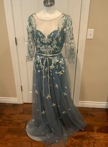 Marchesa Notte Blue Tulle Floral Embroidered Sweetheart Gown Dress, Size 6 - Picture 1 of 11