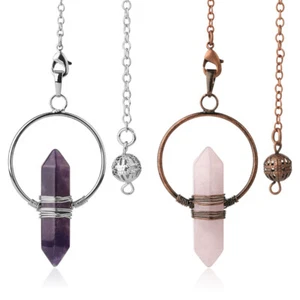Natural Crystal Quartz Amethyst Hexagon Circle Gem Pendulum Chakra Reiki Pendant - Imagen 1 de 22