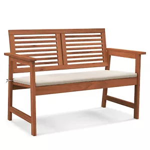 Outdoor Bench w/ Cushion 2-Person Patio Bench w/Slatted Back & Seat - Picture 1 of 8