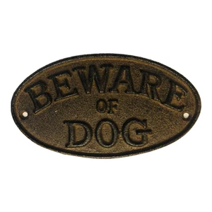 Beware of Dog House Yard Fence Sign Oval Plaque Cast Iron Metal Brown Finish 7" - Picture 1 of 1