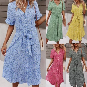 Mujeres Playa Informal Solero Vestido Floral Manga Corta Midi Vestido Vestidos de Vacaciones - Imagen 1 de 20