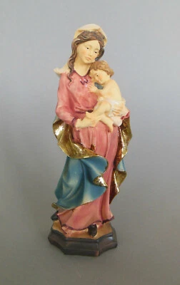 DEKOPROJEKT Mutter Gottes mit Jesukind handbemalt 19 cm hoch auf Sockel Marienfigur mit Kind