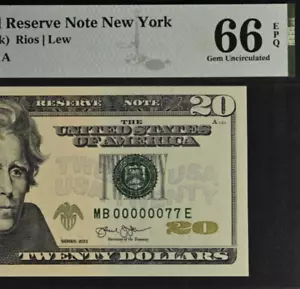 2013 $20 Federal Reserve Note PMG 66EPQ Gem Low Serial Number 00000077 - Picture 1 of 3