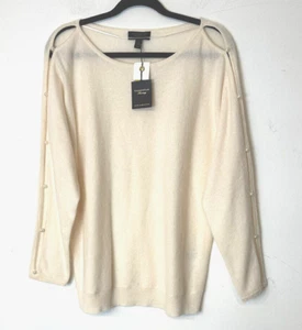 new CHARTER CLUB Women’s L Luxe 100% Cashmere Pearl Button Sweater ~ Ivory NWT - Picture 1 of 4
